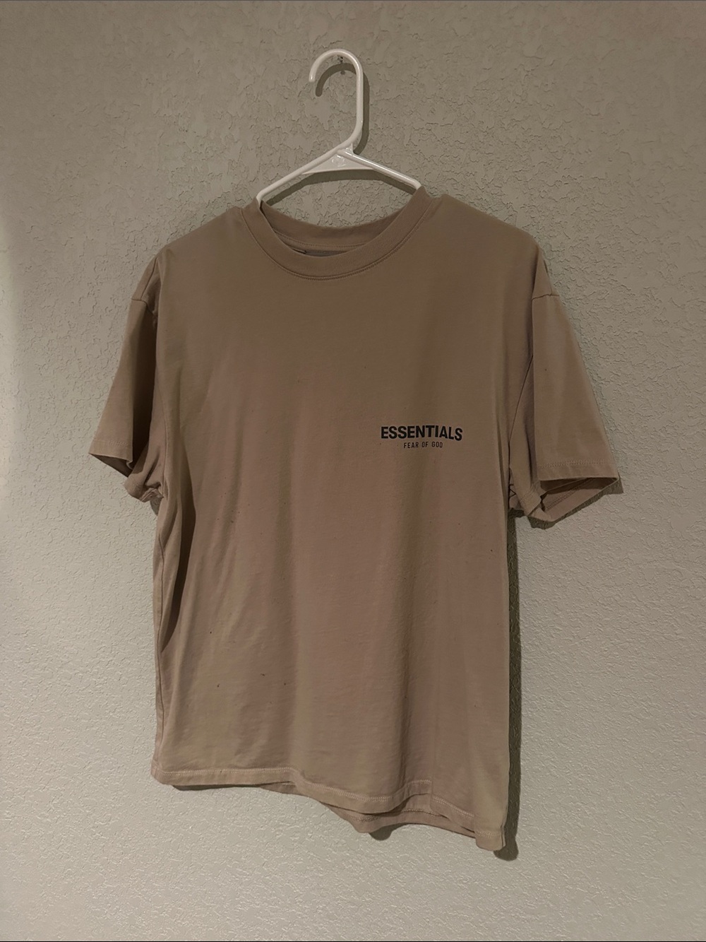 Unisex small Essentials Short Sleeve Logo Tee in Tan